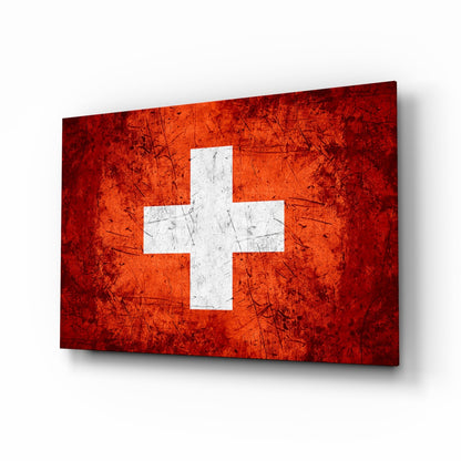 Switzerland flag glass wall art with ivory cross on crimson