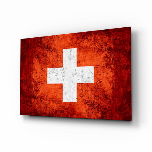Bright red Switzerland flag glass wall art with a white cross centered on a bright orange-red field with fine scratches