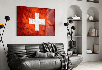Flag of Switzerland Rustic Stone Glass Wall Art