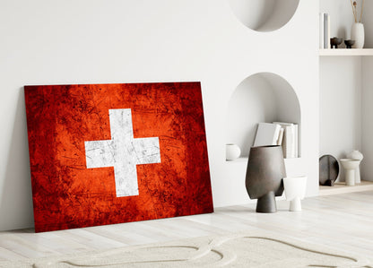 Flag of Switzerland Rustic Stone Glass Wall Art