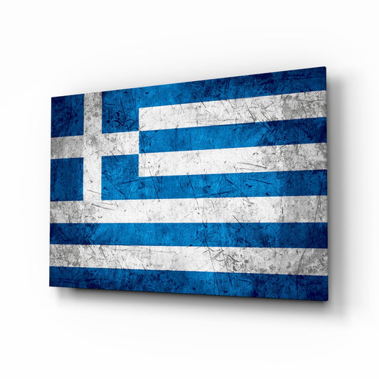Weathered Greece flag glass wall art: blue and white stripes and a white cross on a blue square