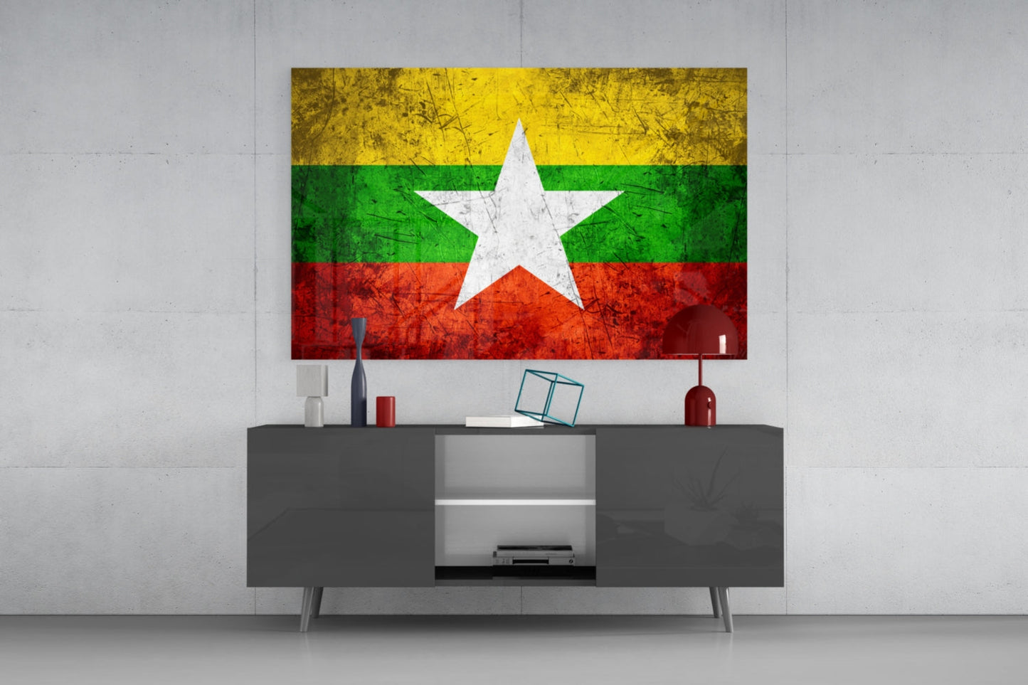 Flag of Myanmar Rustic Stone Glass Wall Art