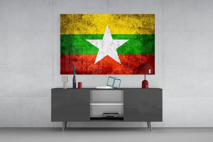 Flag of Myanmar Rustic Stone Glass Wall Art