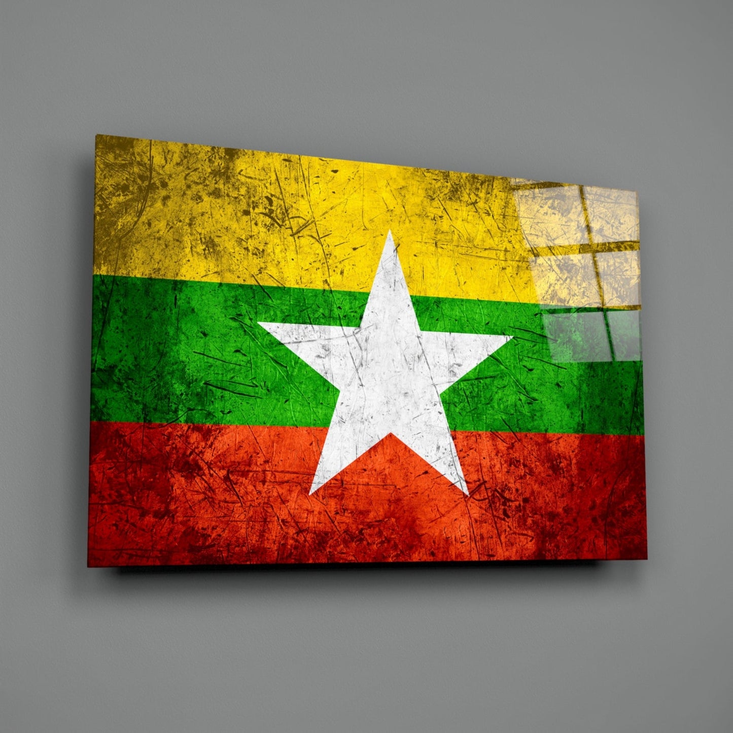 Flag of Myanmar Rustic Stone Glass Wall Art