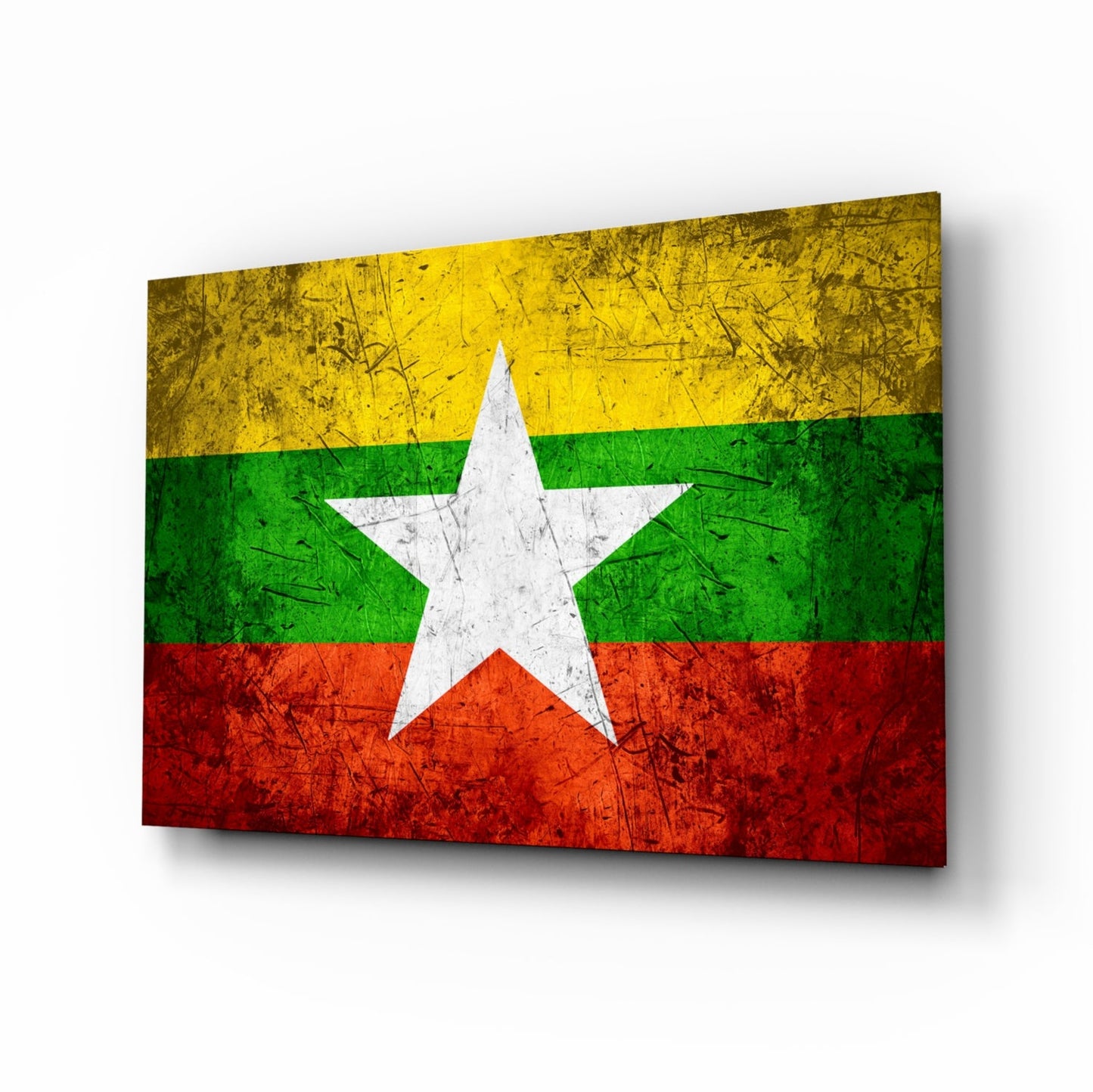 Myanmar flag rustic glass wall art with saffron, emerald and crimson bands