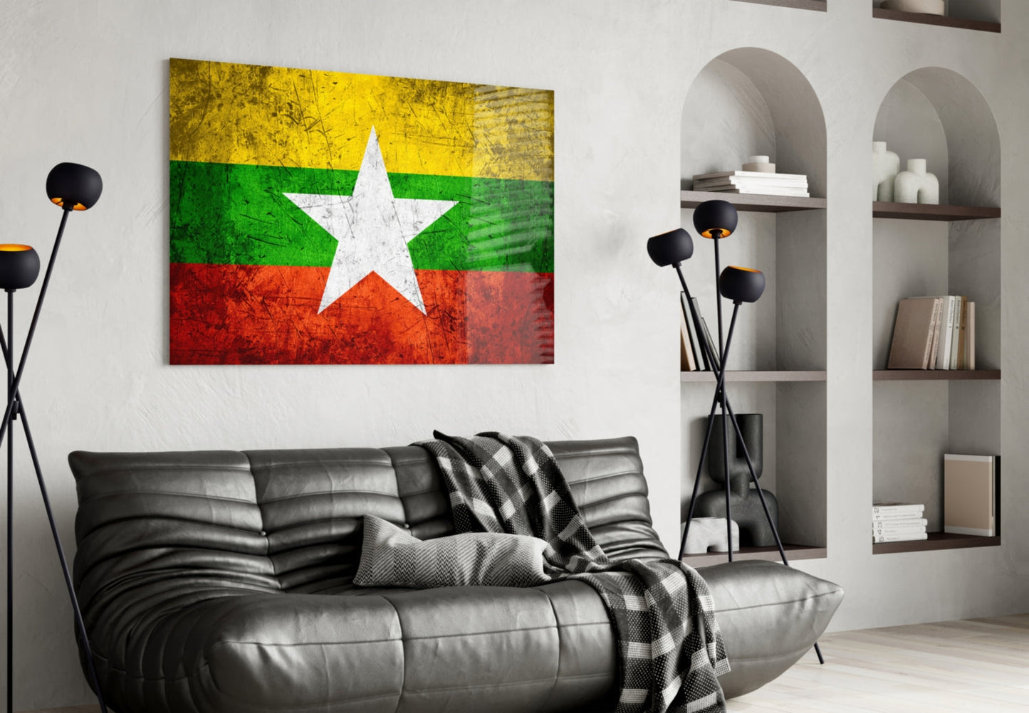 Flag of Myanmar Rustic Stone Glass Wall Art