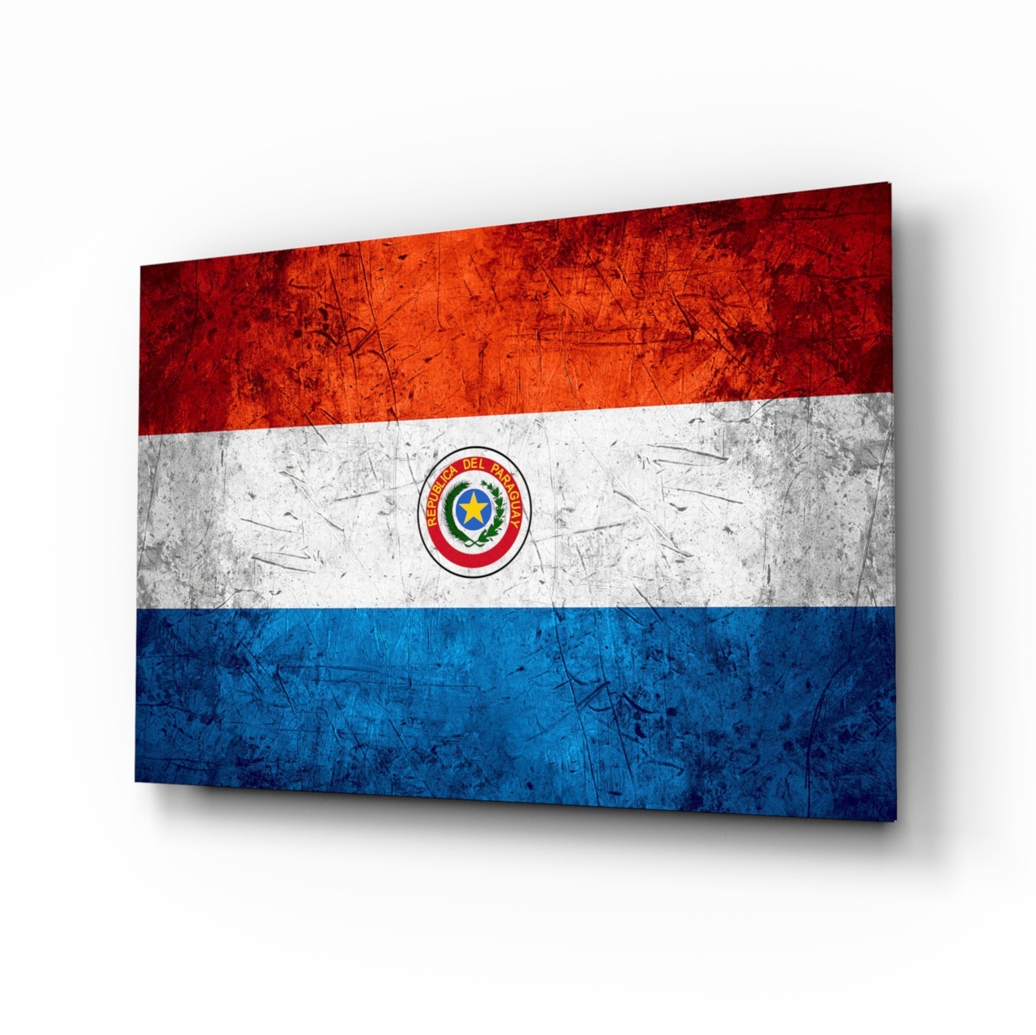 Paraguay flag rustic glass wall art with crimson, ivory and cobalt bands