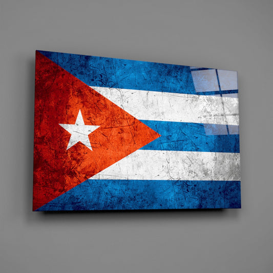 Weathered Cuba flag glass wall art on a gray wall with a window reflection across the glossy glass