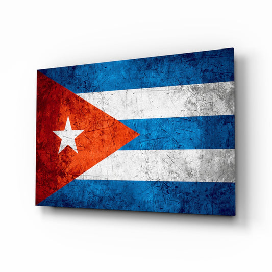 Weathered Cuba flag glass wall art with blue and white stripes and a red triangle with a white star at the hoist