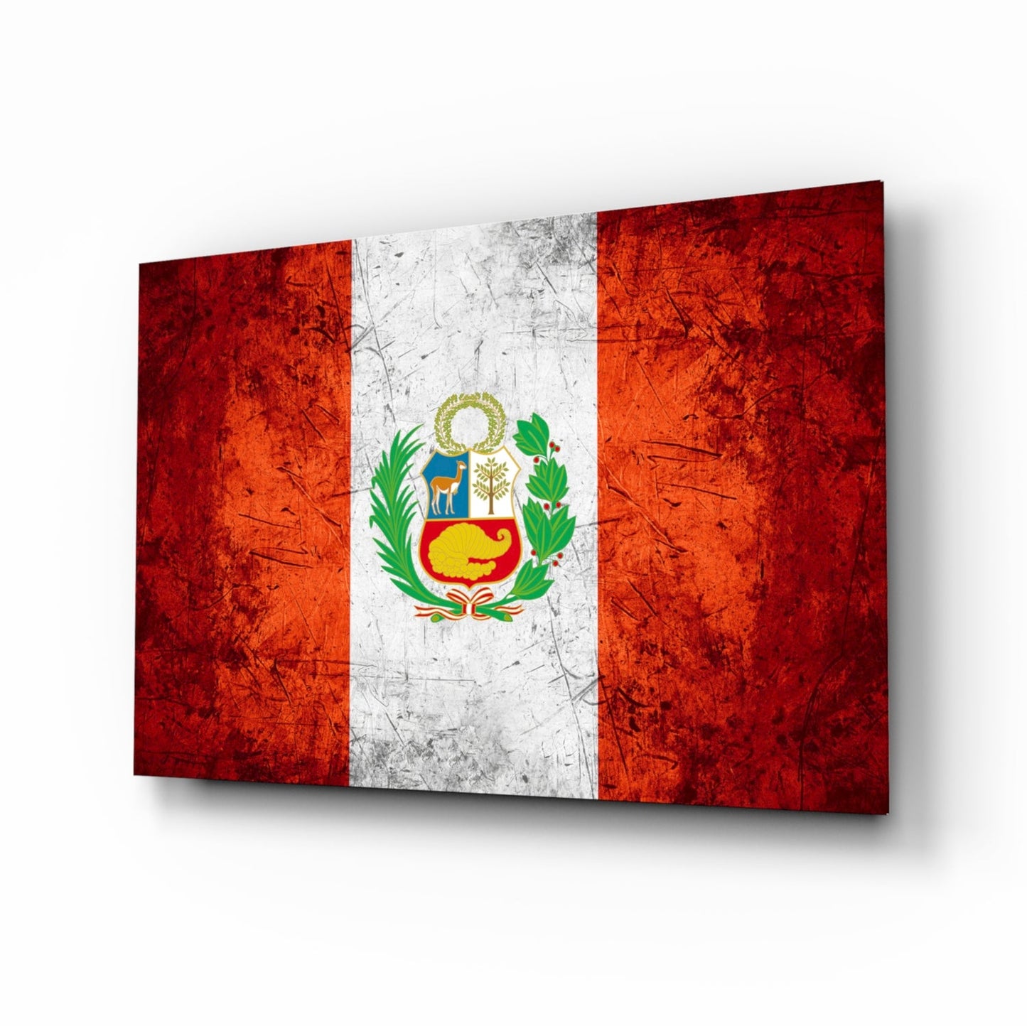 Peru flag rustic glass wall art with crimson and ivory coat of arms