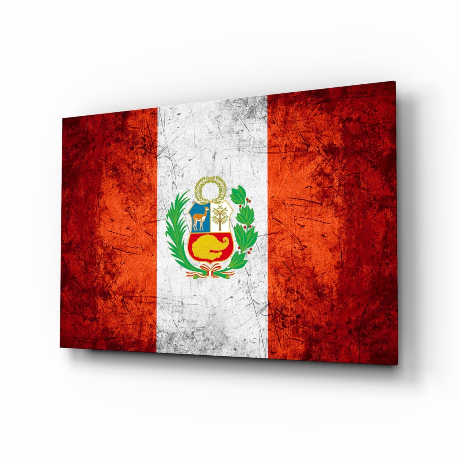 Peru flag rustic glass wall art with crimson and ivory coat of arms