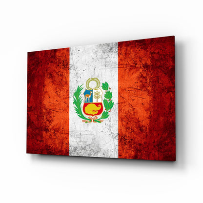 Peru flag rustic glass wall art with crimson and ivory coat of arms