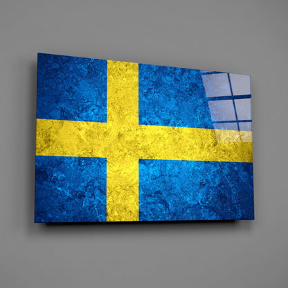 Flag of Sweden Rustic Stone Glass Wall Art