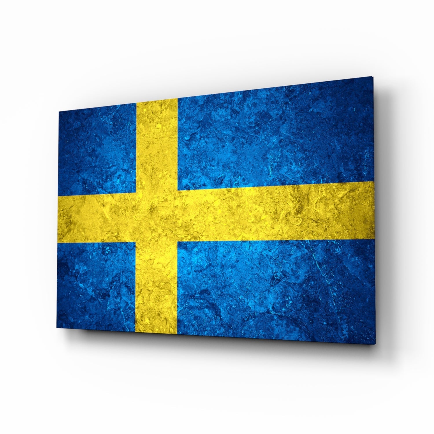 Sweden flag rustic glass wall art with cobalt and saffron tones