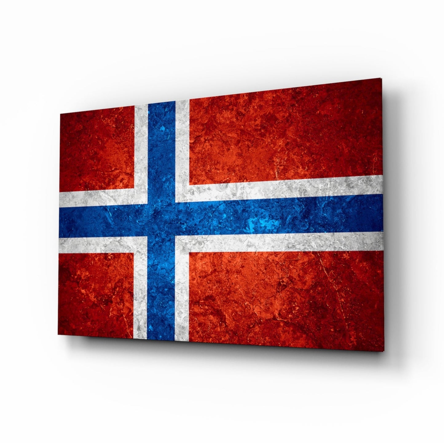 Norway flag rustic glass wall art with cobalt cross on crimson