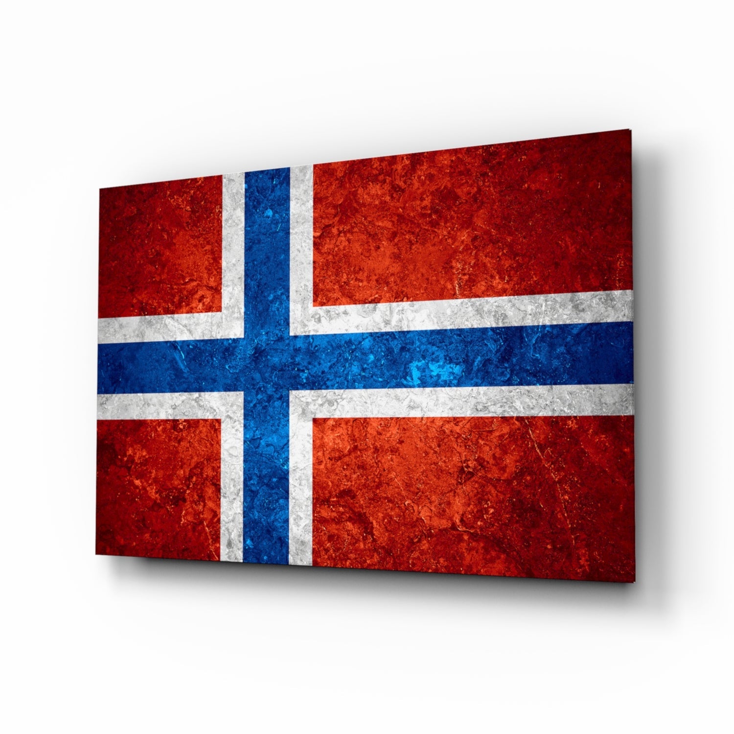 Norway flag rustic glass wall art with cobalt cross on crimson