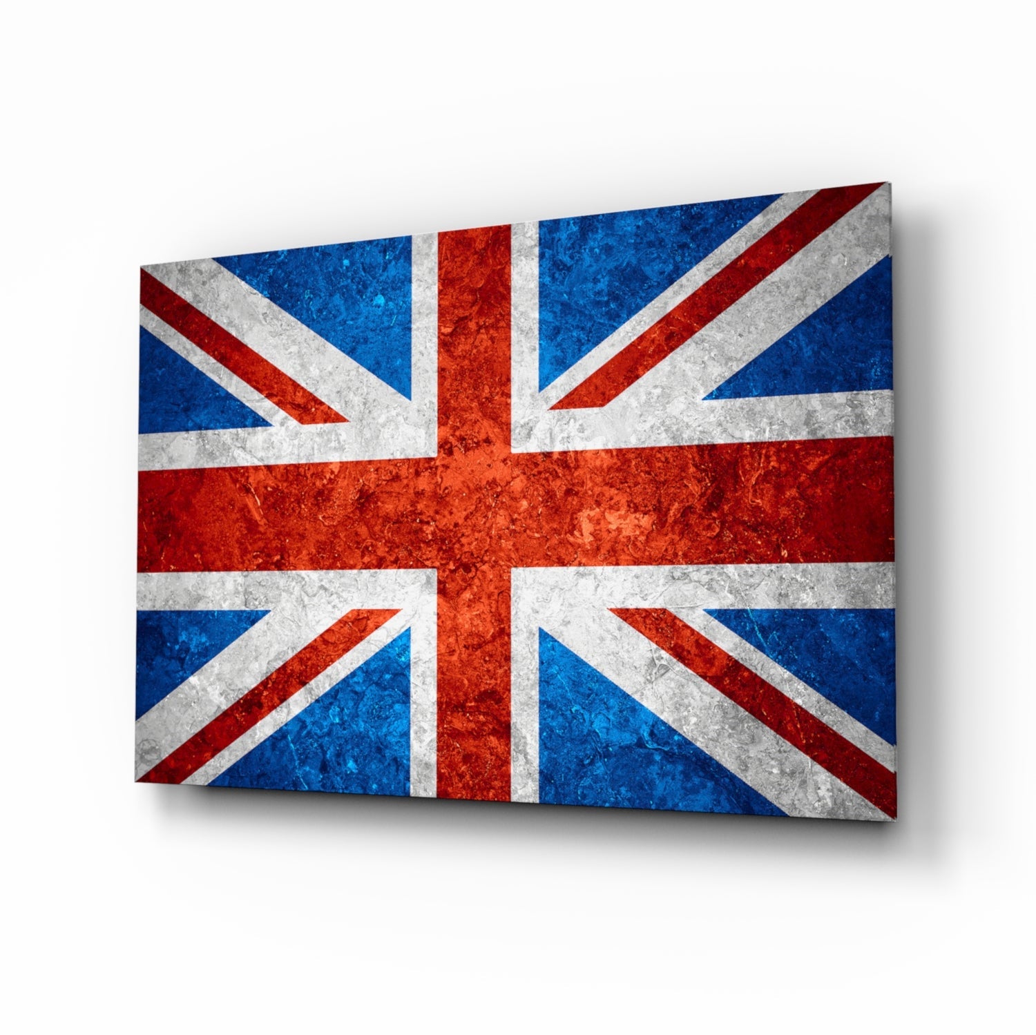 Union Jack rustic glass wall art with cobalt, crimson and ivory crosses