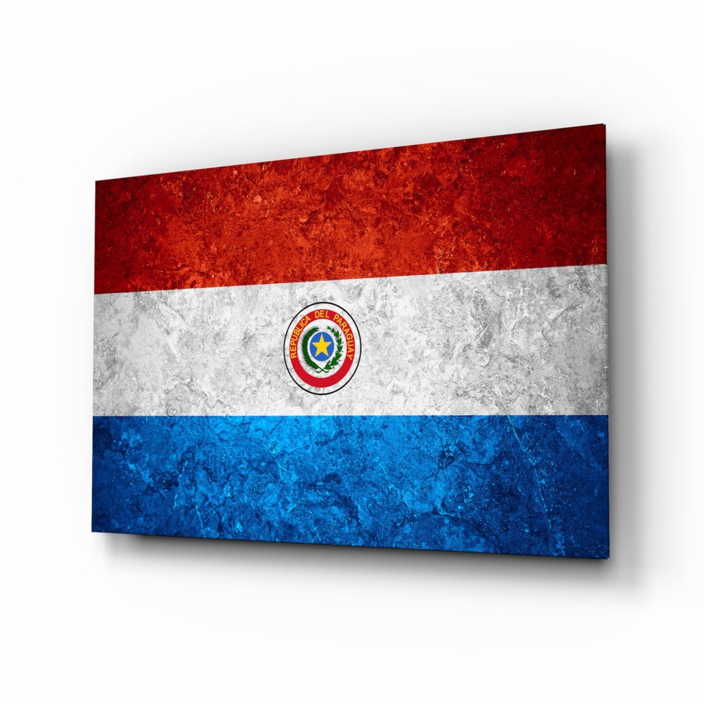 Paraguay flag glass wall art with crimson, ivory and cobalt bands