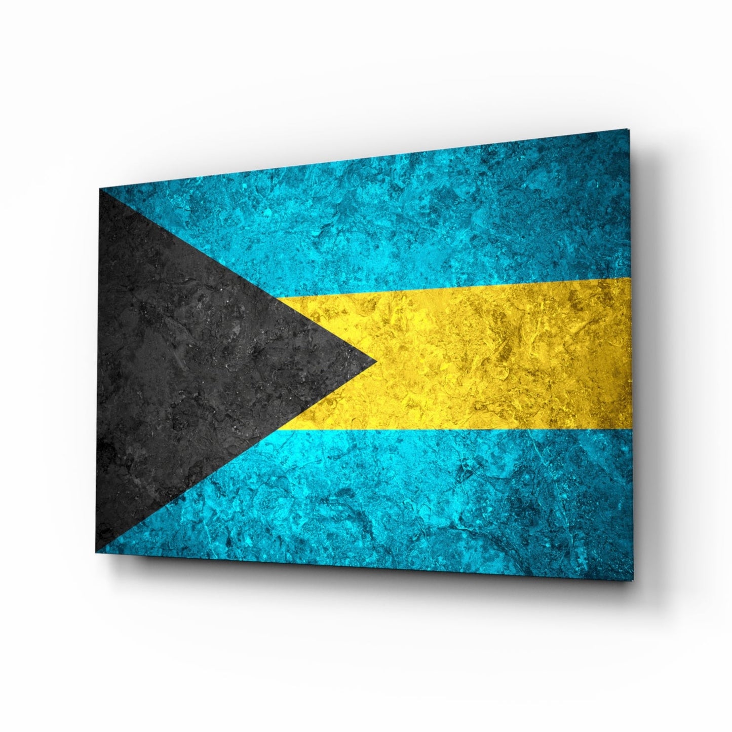 Bahamas flag rustic glass wall art with cyan, saffron and onyx