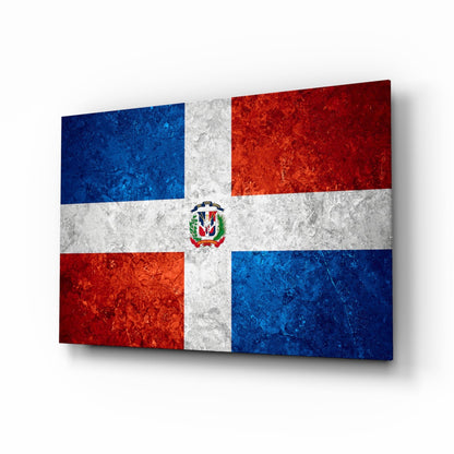Flag of Dominican Republic glass wall art, cross and coat of arms