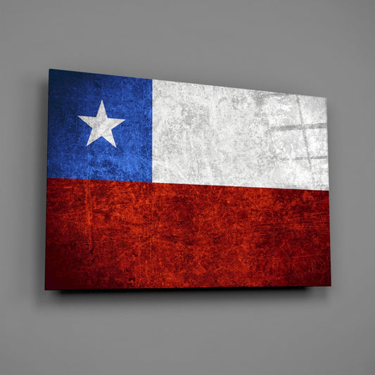 Weathered Chile flag glass wall art on a gray wall with a window reflection across the glossy glass