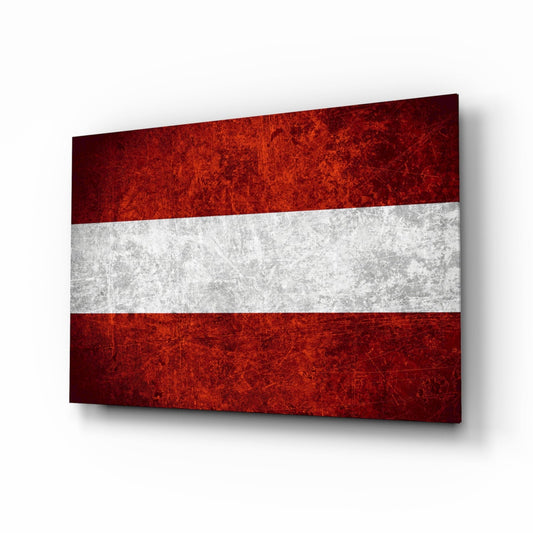 Weathered Austria flag glass wall art with red, white and red horizontal bands with a dark, worn grain at the edges