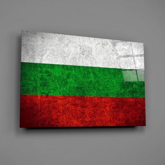 Weathered Bulgaria flag glass wall art on a gray wall with a window reflection across the glossy glass