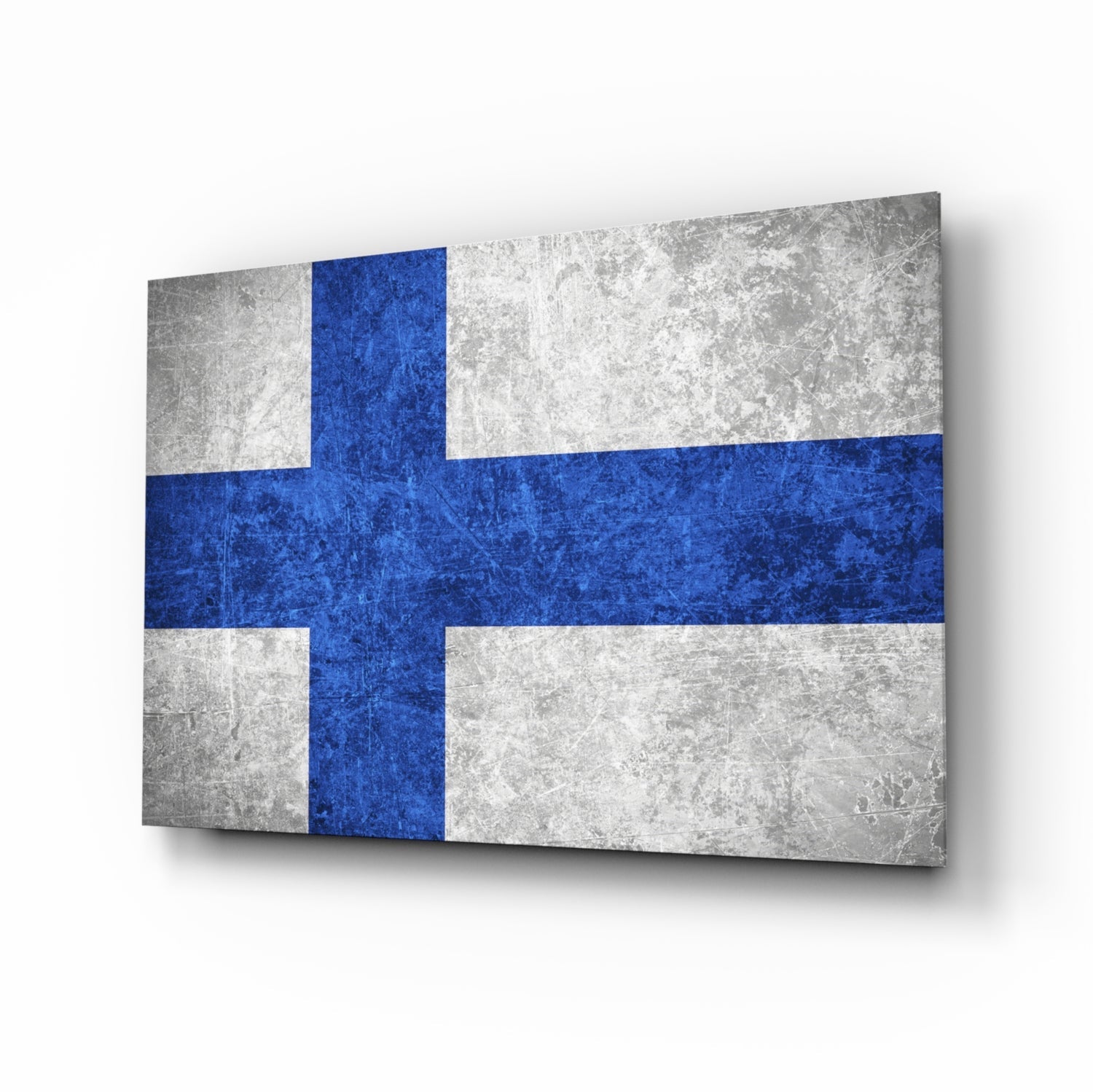 Finland flag glass wall art with cobalt Nordic cross on ivory