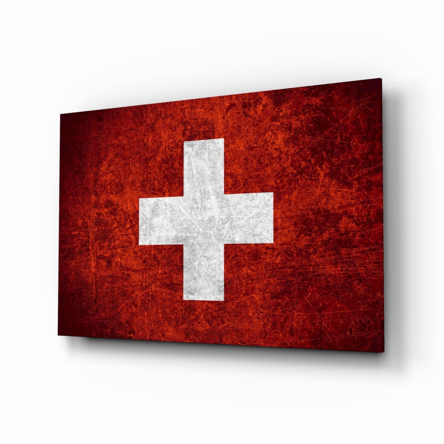 Switzerland flag glass wall art, ivory cross on crimson with scratched-metal grunge