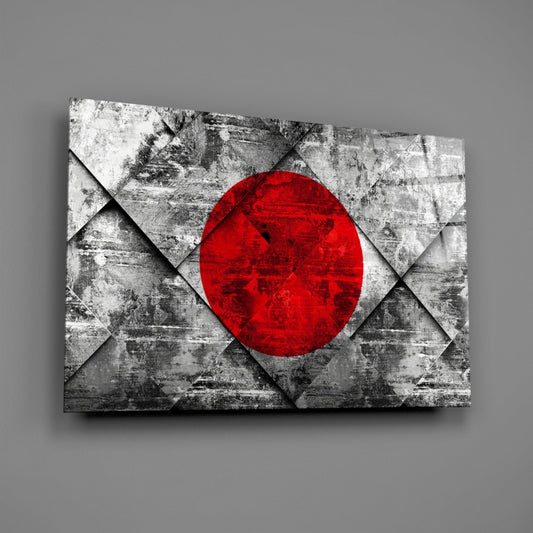 Japan flag red sun on gray diamond glass wall art on a gray wall with a window reflection across the glossy glass