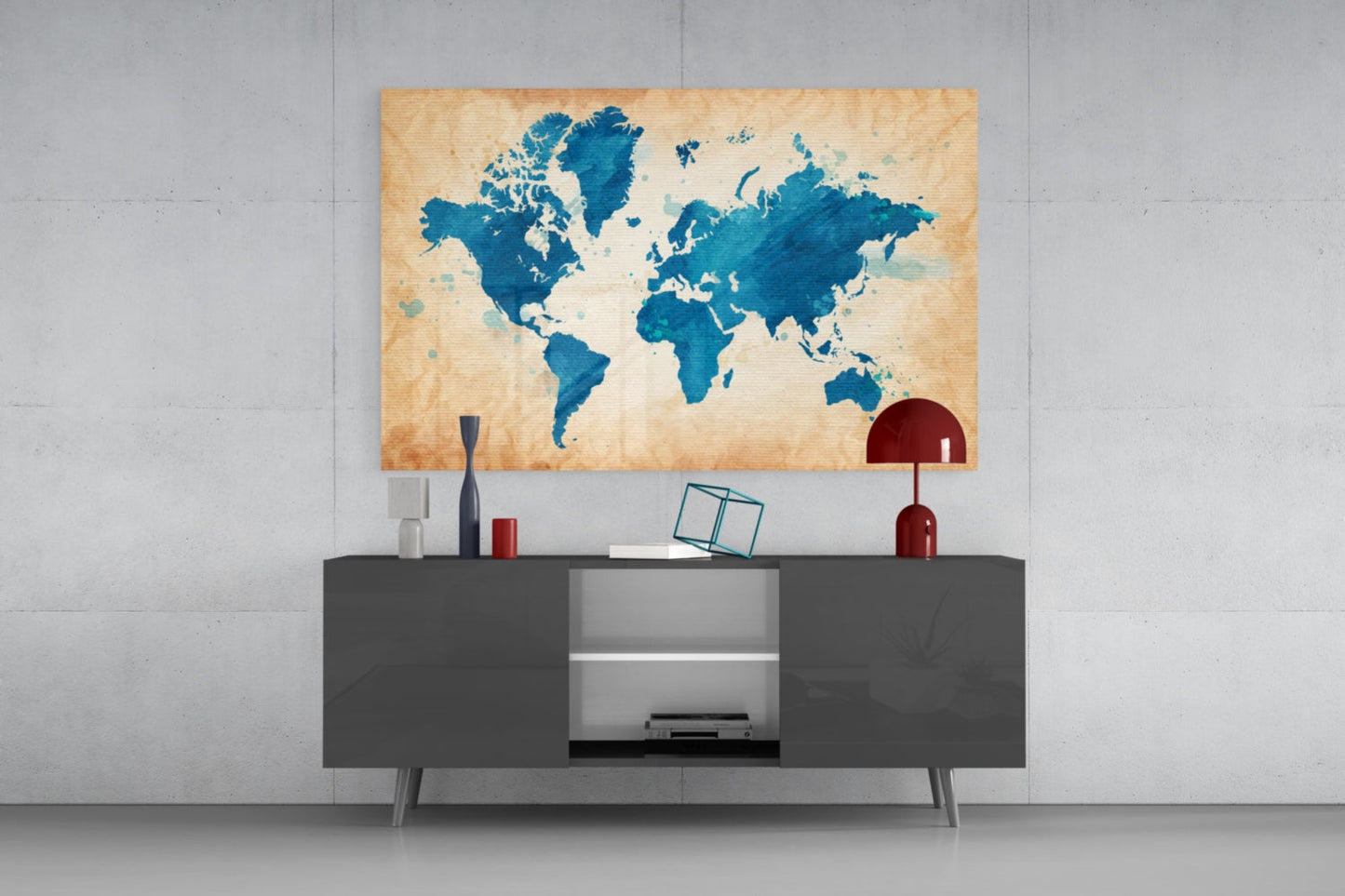 Vintage Cobalt World Map Glass Wall Art