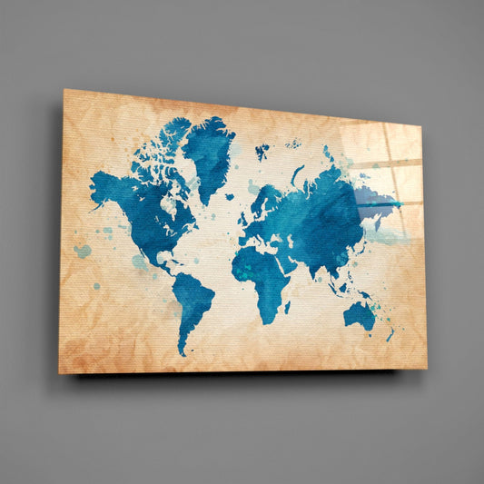 Vintage Cobalt World Map Glass Wall Art