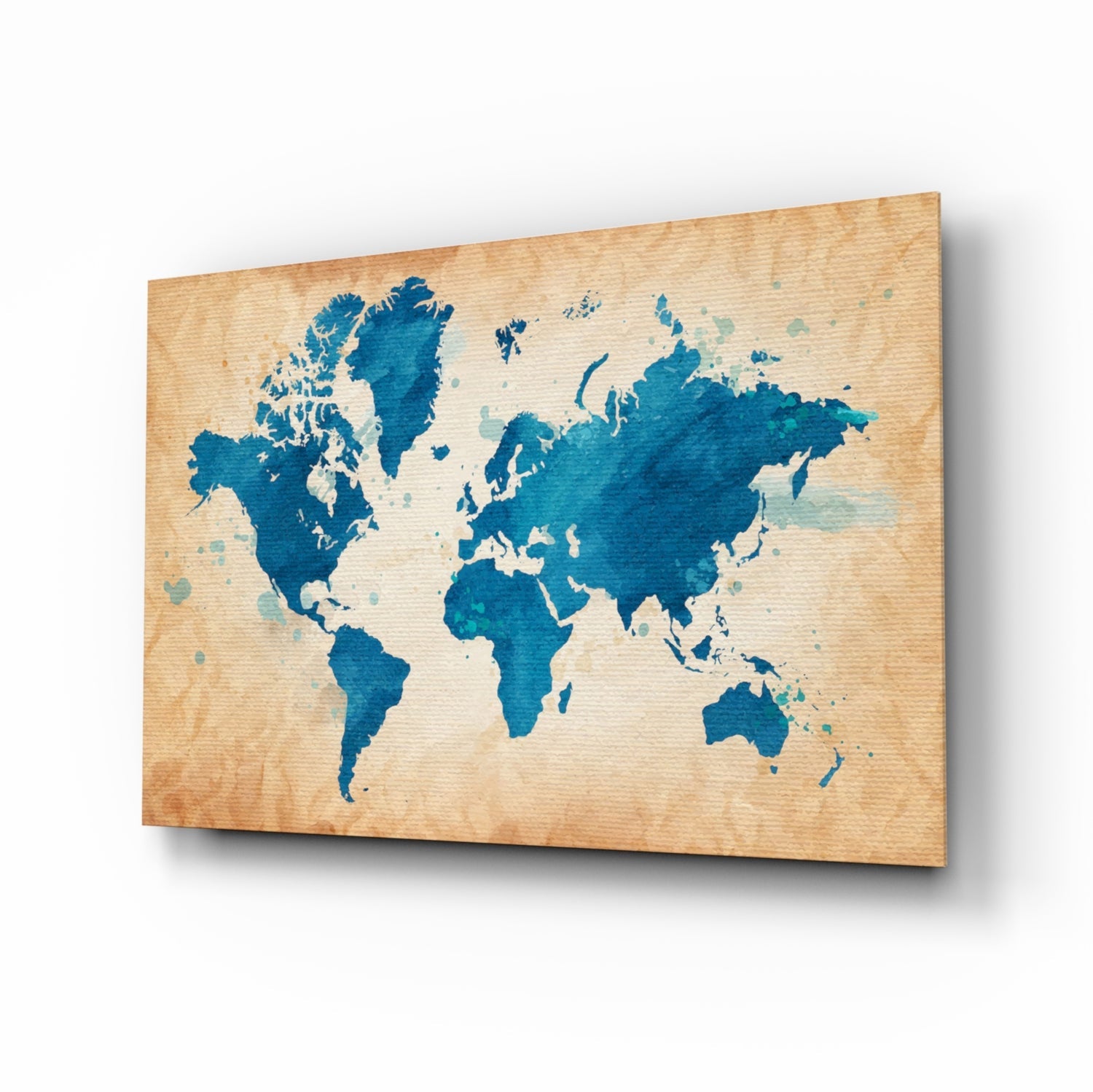 Vintage cobalt world map glass wall art
