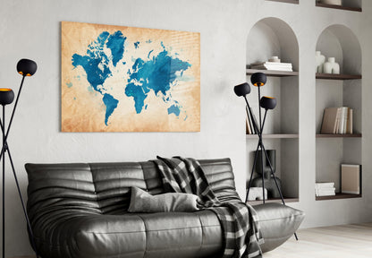 Vintage Cobalt World Map Glass Wall Art