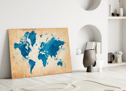 Vintage Cobalt World Map Glass Wall Art