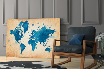 Vintage Cobalt World Map Glass Wall Art