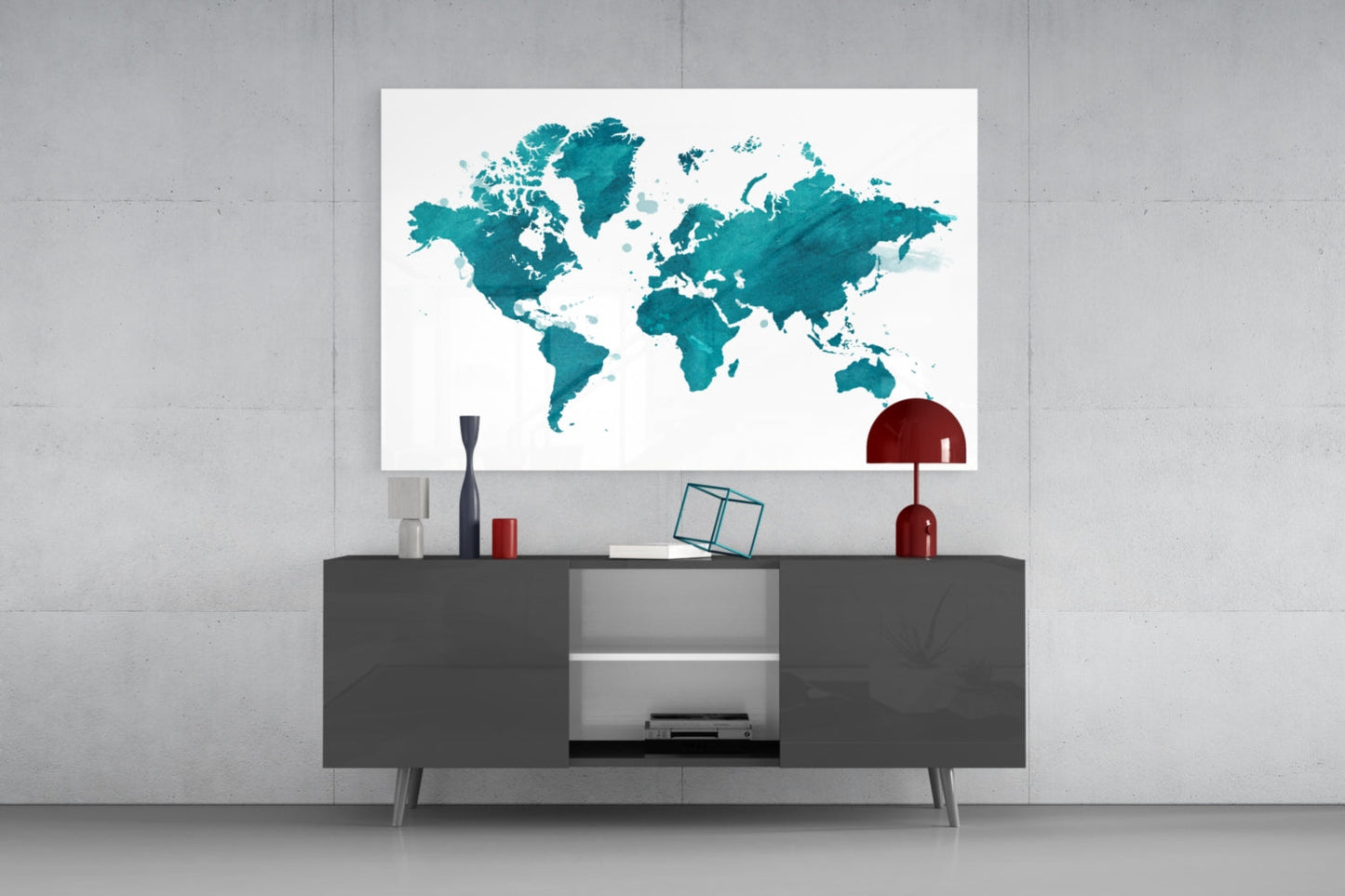 Teal Ivory World Map Glass Wall Art