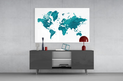 Teal Ivory World Map Glass Wall Art