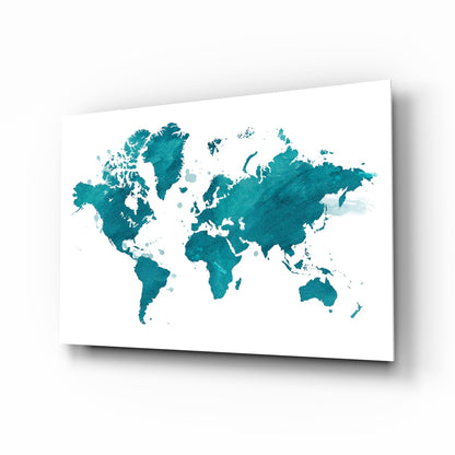 Teal ivory world map glass wall art