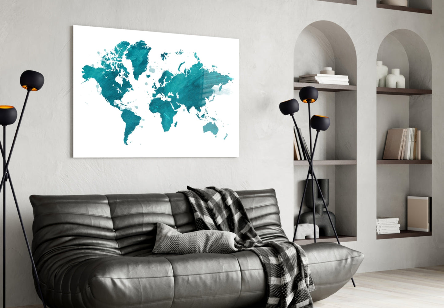 Teal Ivory World Map Glass Wall Art