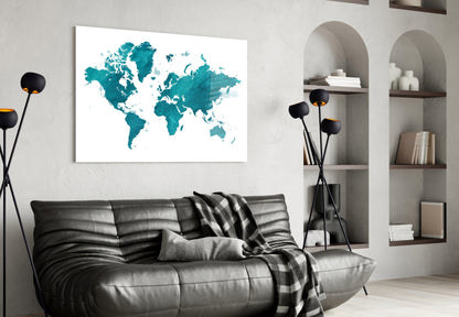 Teal Ivory World Map Glass Wall Art