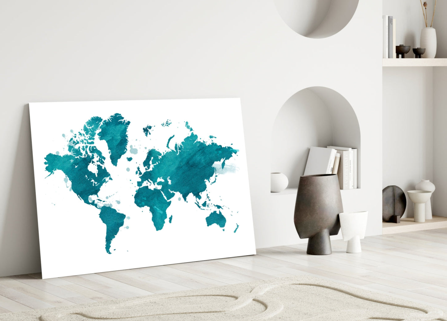 Teal Ivory World Map Glass Wall Art
