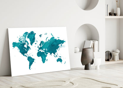 Teal Ivory World Map Glass Wall Art