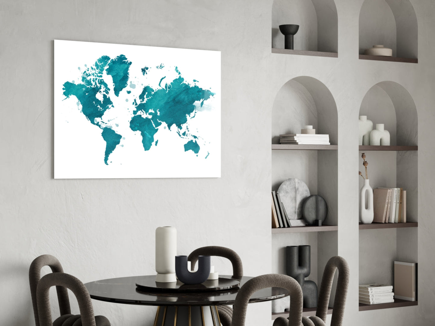 Teal Ivory World Map Glass Wall Art