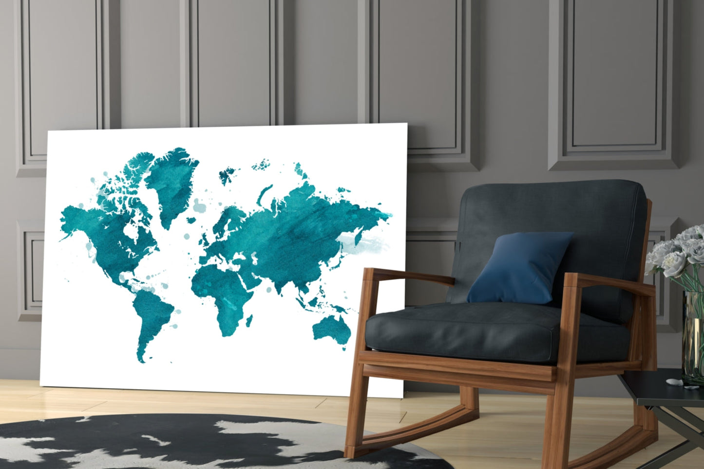 Teal Ivory World Map Glass Wall Art