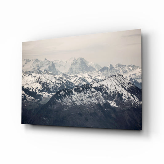 Snowy mountain peaks alpine landscape on glass wall art