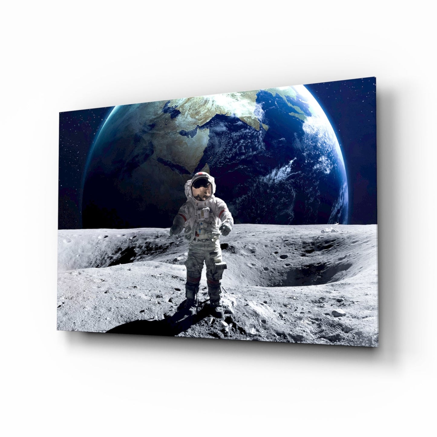 Astronaut moonwalk Earth glass wall art print