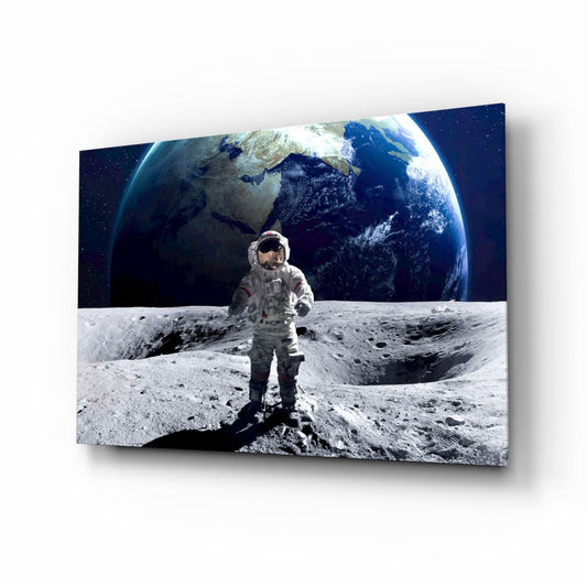 Astronaut moonwalk Earth glass wall art print
