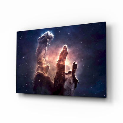 Pillars of Creation glass wall art, Eagle Nebula towers in violet and ember on indigo