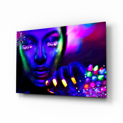 Neon Woman glass wall art with blacklight beauty portrait